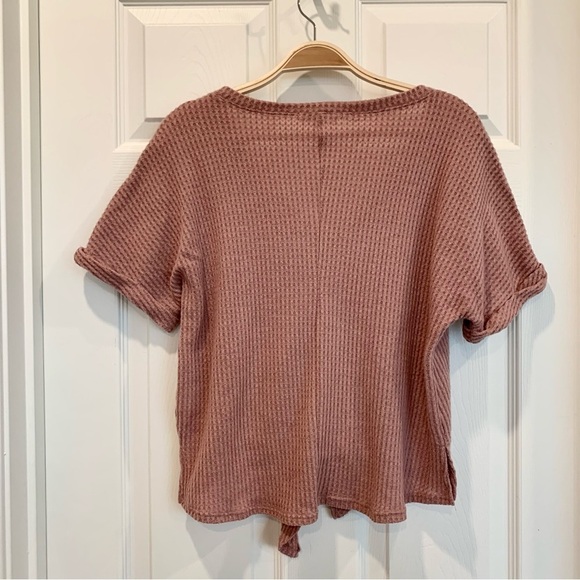 Dusty Rose Pink Thermal Waffle Knit V-Neck Tie Front Short Sleeves Tee Top - Picture 3 of 4